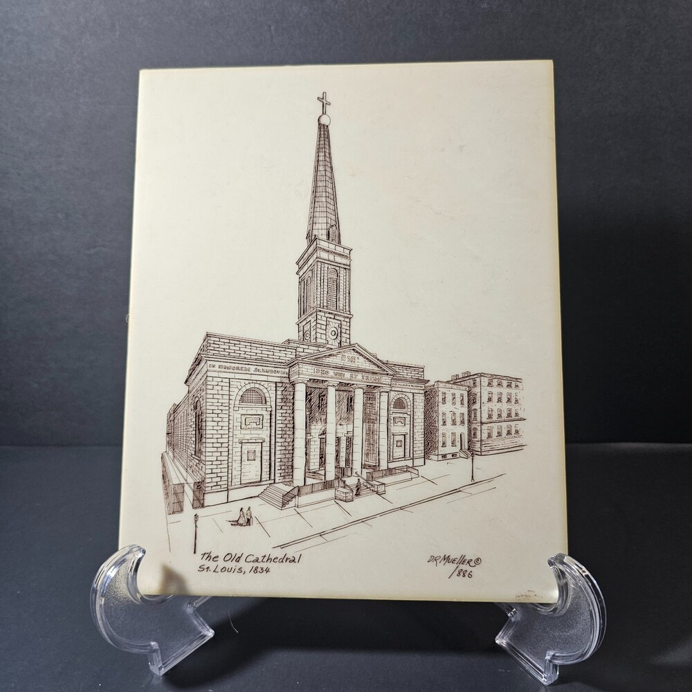Vtg David R. Mueller Old Cathedral St. Louis Marble Etching, 8 x 10 in